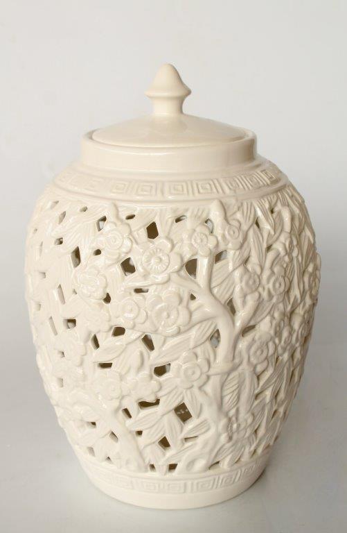 White Flower & Leaf Cut-Out Design Barrel Shade Jar With Lid